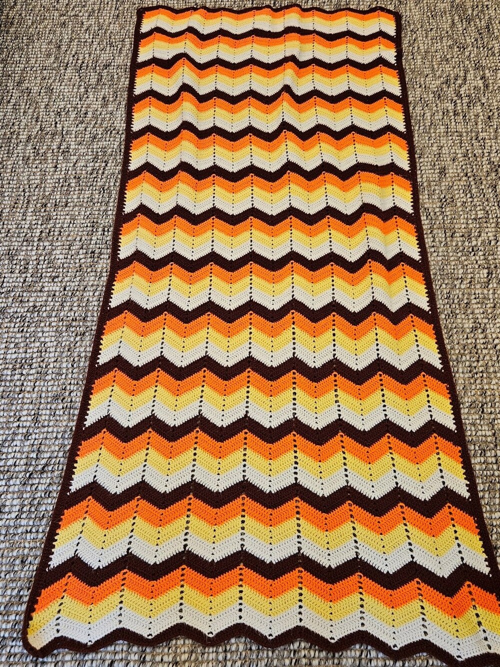 Vintage Handmade Crochet Chevron Ripple Throw Blanket Orange Brown Size 40x80